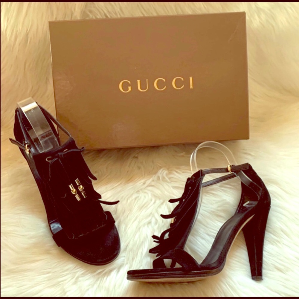 Gucci Logo Suede Fringe Tassels  Sandals sz 9.5